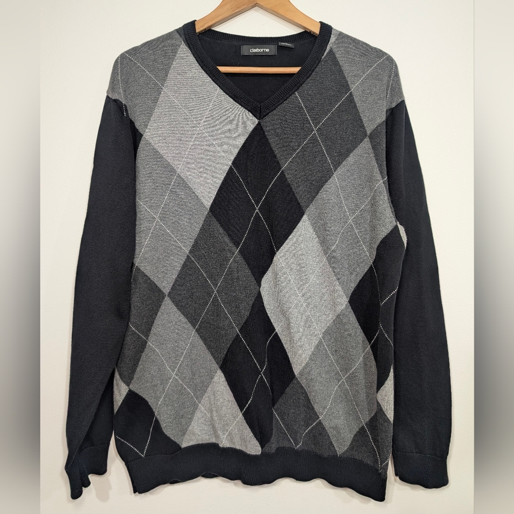 Claiborne Mens LG Black Gray Argyle Cotton V Neck Sweater Preppy Academia